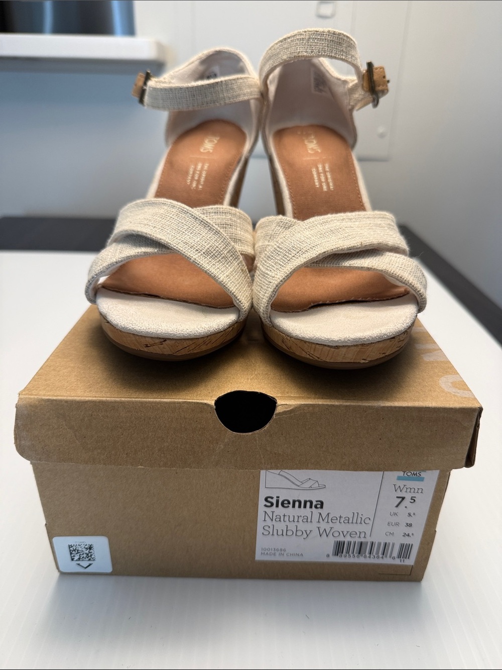 TOMS Sienna Natural Metallic Slubby Woven Cork Wedge Sandals - Picture 2 of 10